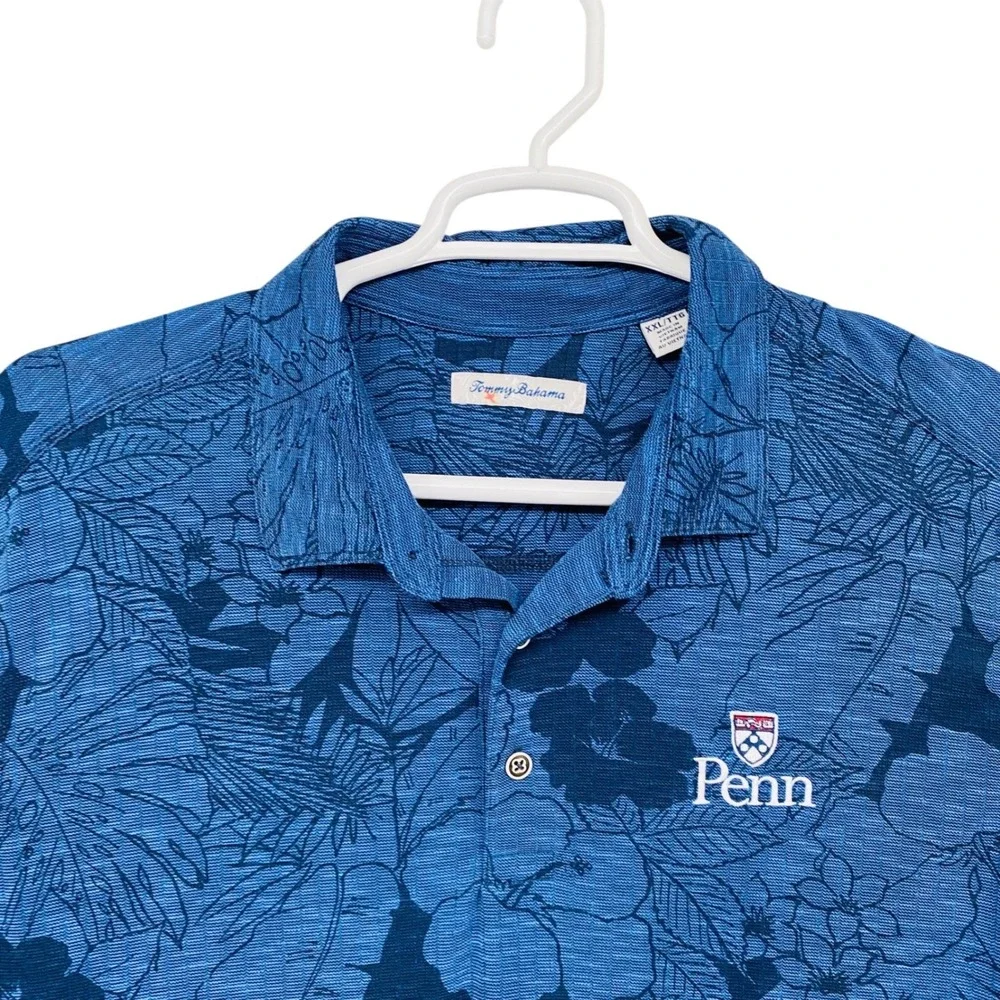 Tommy Bahama Penn University Blue Floral Tropical Polo‎ Shirt Mens XXL Tencel